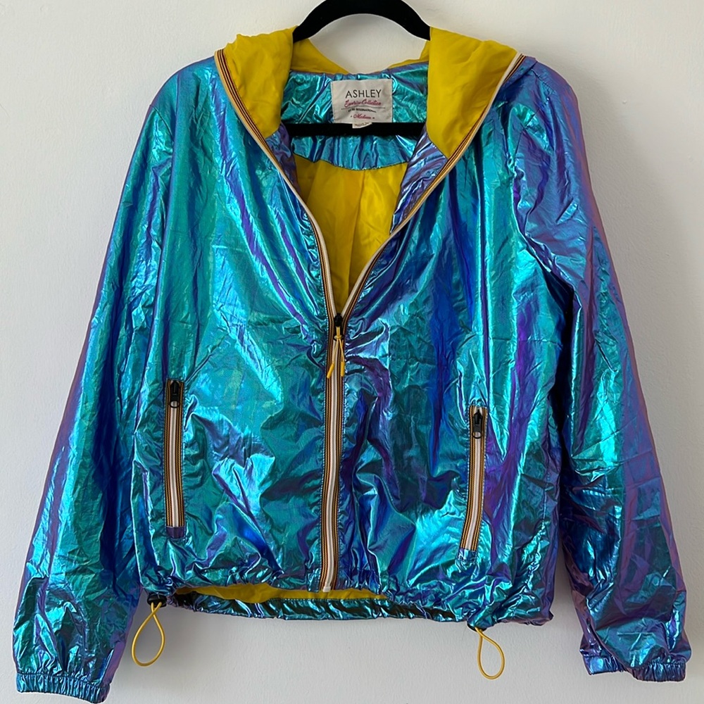 Fun, funky, iridescent zip up waterproof jacket, with hood and zip side pockets
